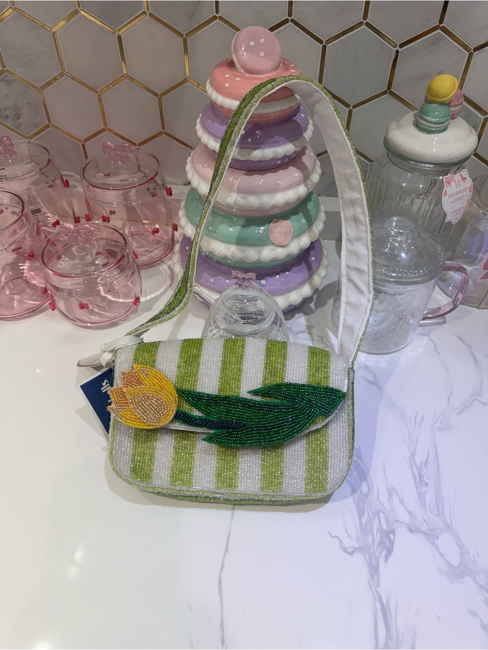 Beaded Green & White Stripe Shoulder Bag with Floral Appliqué